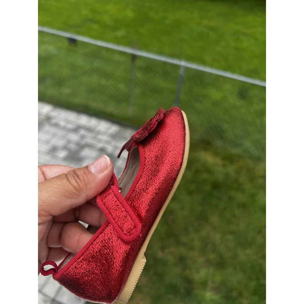 Cat & Jack Girls Size 6 Red Metallic Bow Mary Jane Flats